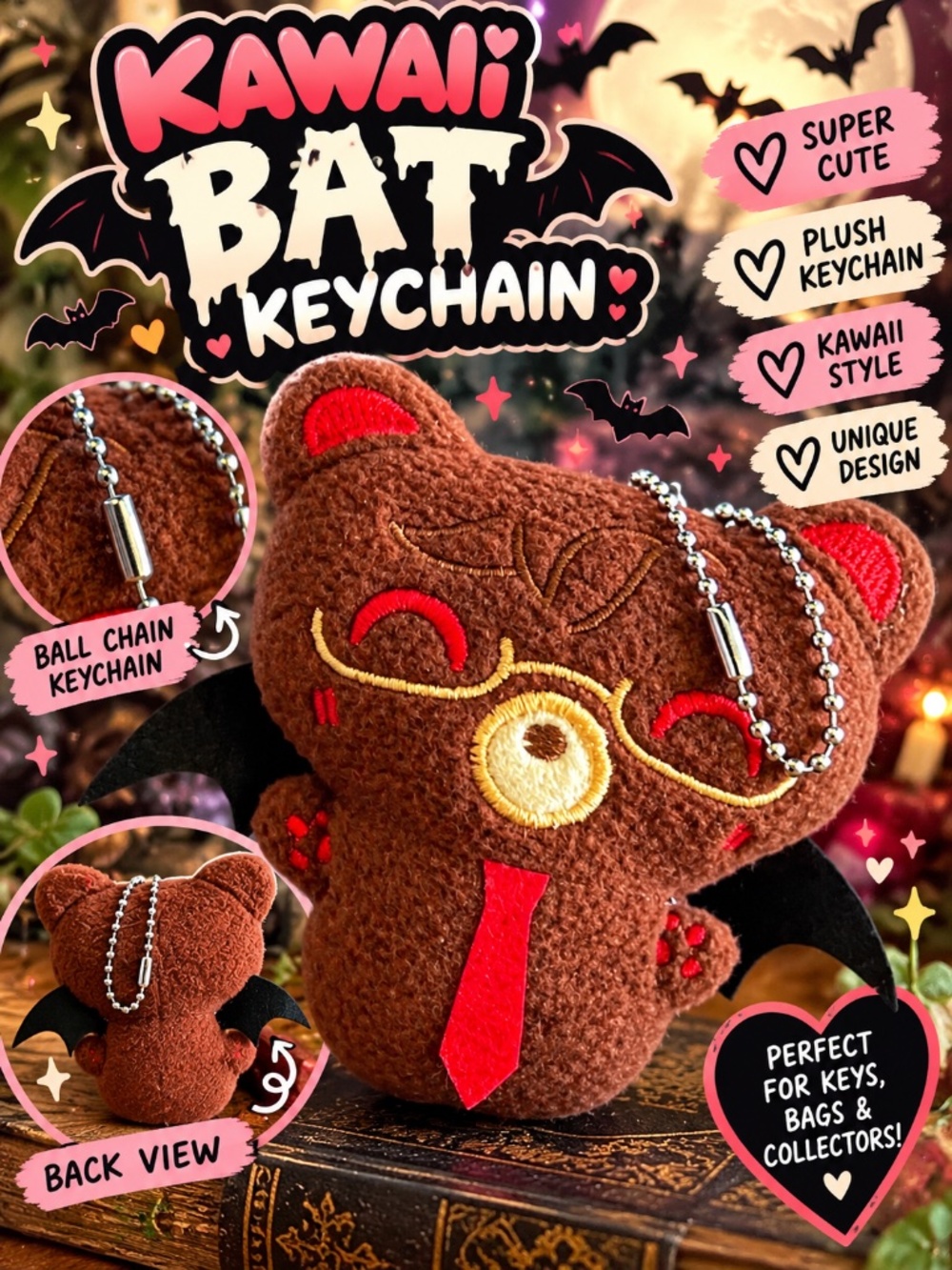 Kawaii Bat Plush Keychain Brown Red Goth Cute Bag Charm